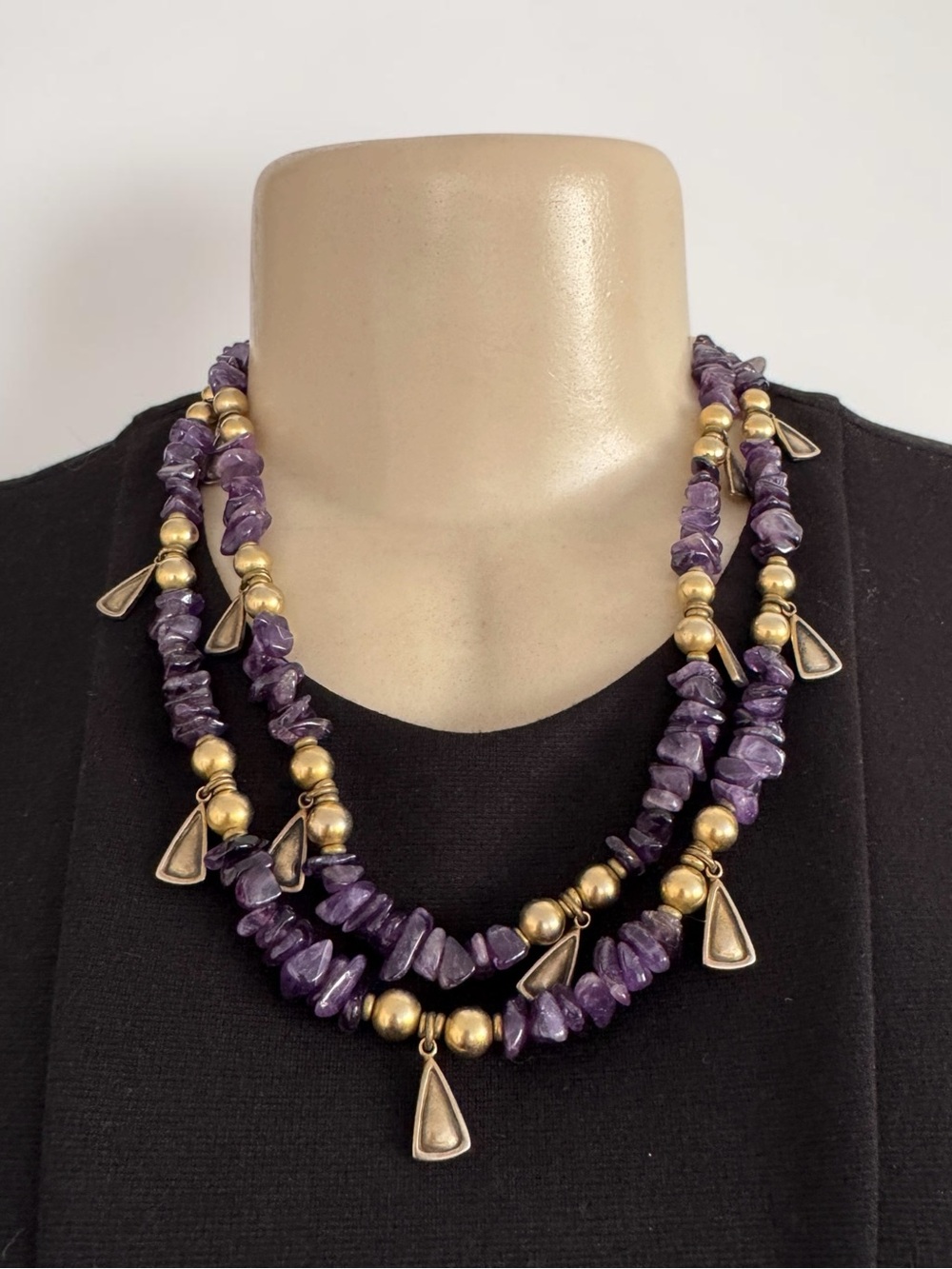 Leslie Block Purple Amethyst Beaded Chip Antiqued‎ Gold Bead Layered Necklace